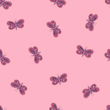 Seamless pattern with random hand drawn blue butterfly folk elements. Illustrazione stock