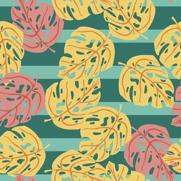Seamless pattern with random monstera foliage exotic ornament in pink and ora Illustrazione stock