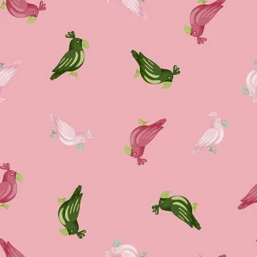 Seamless pattern with random pink, white and green parrots elements. Pastel p Stock Illustration