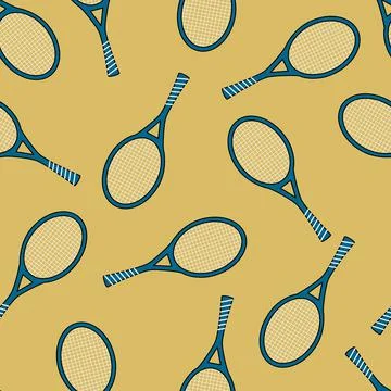 Seamless pattern with random Tennis rackets on yellow background. Repeat vect Stock Illustration
