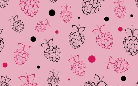 Seamless pattern of raspberries drawn by contour on a light pink background Stock Illustration