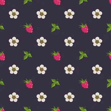 Seamless pattern with raspberries, flowers and leaves Stock Illustration