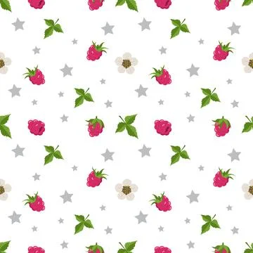 Seamless pattern with raspberries, flowers and leaves Illustrazione stock