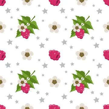 Seamless pattern with raspberries, flowers and leaves Illustrazione stock