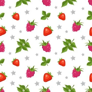Seamless pattern with raspberries, strawberries and leaves 스톡 일러스트