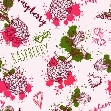 Seamless pattern with raspberry and splashes in watercolor style Stock Illustration