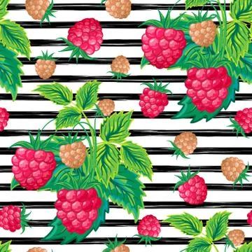 Seamless pattern with raspberry on strips. Summer background. Stock Illustration