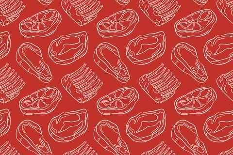 Seamless pattern with raw meat cut, steak, ribs and lamb line art style. Perfect Stock Illustration