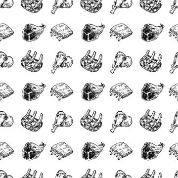 Seamless pattern raw meat vector drawing set. Hand drawn beef steak, pork ham Stock Illustration