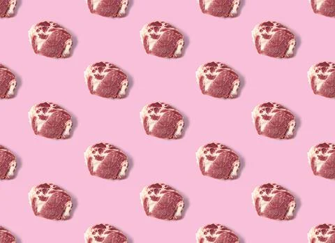 Seamless Pattern with raw pork meat slices on pink background, food pattern Stock Photos