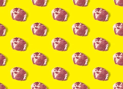 Seamless Pattern with raw pork meat slices on yellow background, food pattern Stock Photos