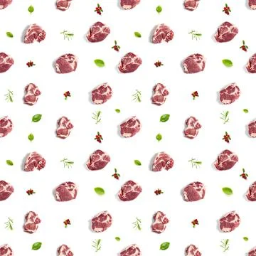 Seamless Pattern with raw pork meat slices on white background, food pattern Stock Photos