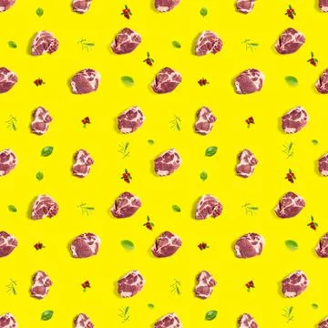 Seamless Pattern with raw pork meat slices on yellow background, food pattern Stock Photos