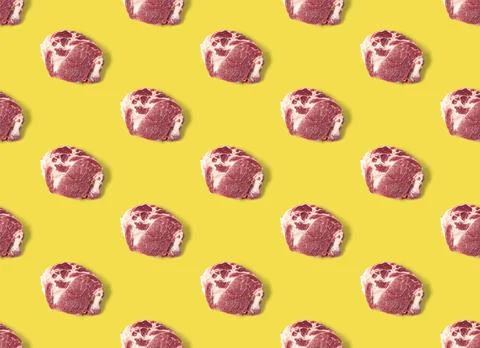 Seamless Pattern with raw pork meat slices on yellow Illuminating background Stock Photos