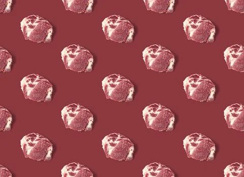 Seamless Pattern with raw pork meat slices on red background, food pattern Stock Photos