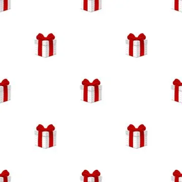Seamless pattern with realistic 3d gift box with red bow on white background. Stock Illustration