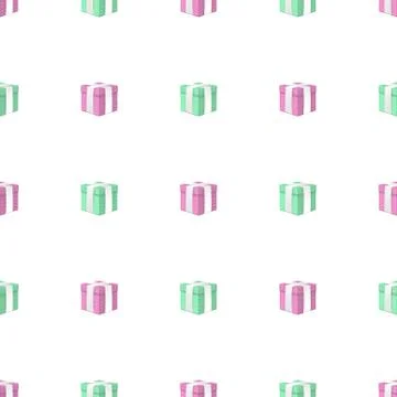 Seamless pattern with realistic 3d pink and mint gift boxes with white ribbon. Stock Illustration
