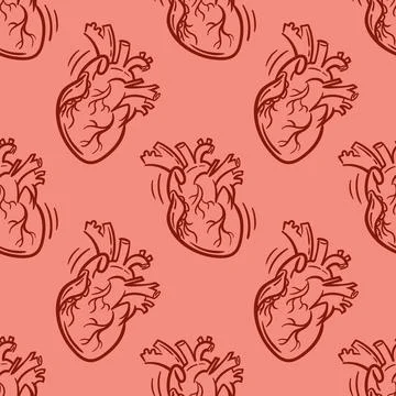 Seamless pattern Realistic anatomic heart, vector hand drawn illustration in Stock Illustration