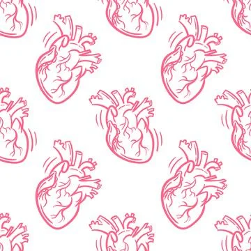 Seamless pattern Realistic anatomic heart, vector hand drawn illustration in Stock Illustration