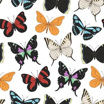 Seamless pattern with realistic colorful tropical butterflies. Hand-drawn v.. Stock Illustration