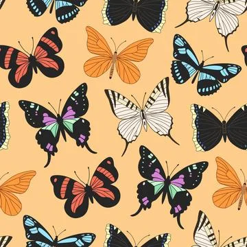 Seamless pattern with realistic colorful tropical butterflies. Hand-drawn v.. Stock Illustration