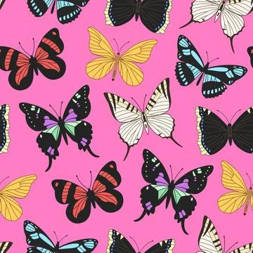 Seamless pattern with realistic colorful tropical butterflies. Hand-drawn v.. Stock Illustration