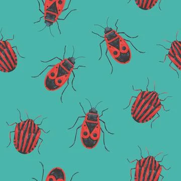 Seamless pattern with realistic cute red solider bugs. Illustrazione stock