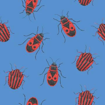 Seamless pattern with realistic cute red solider bugs. 스톡 일러스트