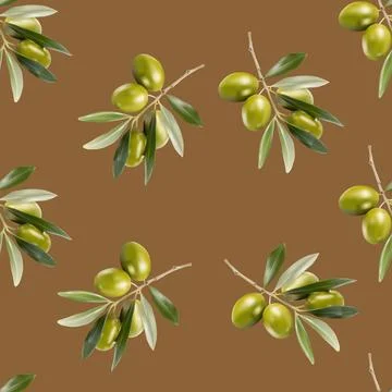 Seamless pattern with realistic green olives on branches with leaves. Stock Illustration