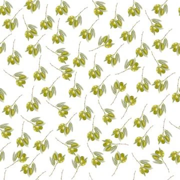 A seamless pattern with realistic green olives on branches with leaves on a.. Stock Illustration