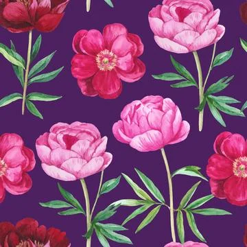 Seamless pattern with realistic peony flowers. Watercolor botanical illustr.. Stock Illustration