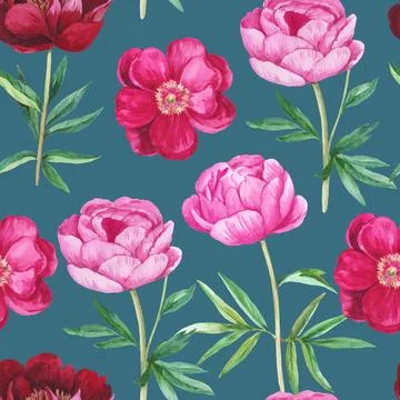 Seamless pattern with realistic peony flowers. Watercolor botanical illustr.. Stock Illustration