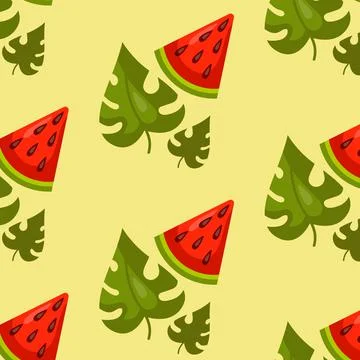 Seamless pattern, realistic pieces of watermelon - Vector Stock Illustration