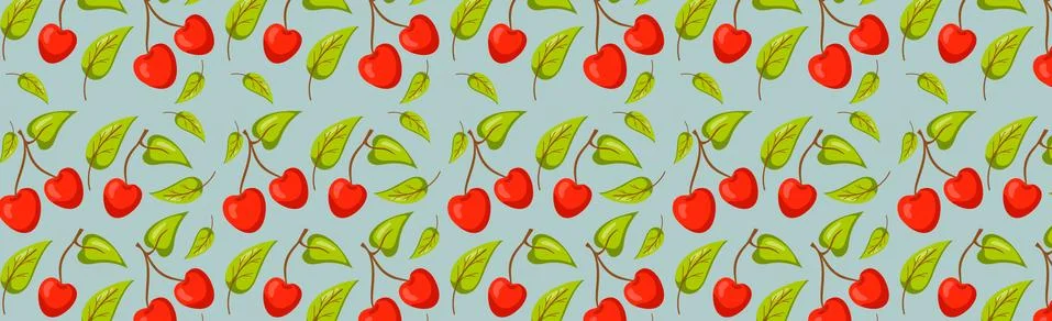 Seamless pattern, realistic red cherry with green leaves - Vector Stock Illustration