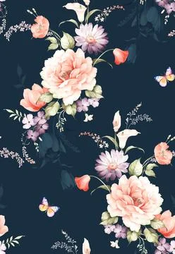 Seamless pattern of realistic rose flowers with tropical leaves. watercolor.. Stock Illustration