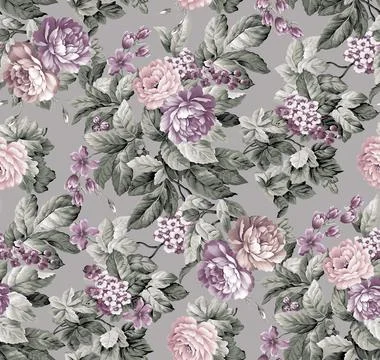 Seamless pattern of realistic rose flowers with tropical leaves. watercolor.. Ilustração Stock
