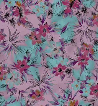 Seamless pattern of realistic rose flowers with tropical leaves. watercolor.. Stock Illustration