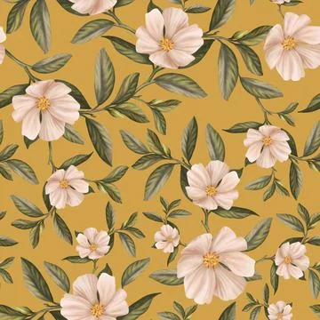 Seamless pattern of realistic rose flowers with tropical leaves. watercolor.. Stock Illustration