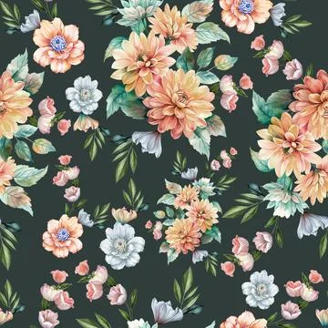 Seamless pattern of realistic rose flowers with tropical leaves. watercolor.. Ilustração Stock