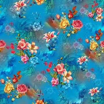 Seamless pattern of realistic rose flowers with tropical leaves. watercolor.. イラスト素材