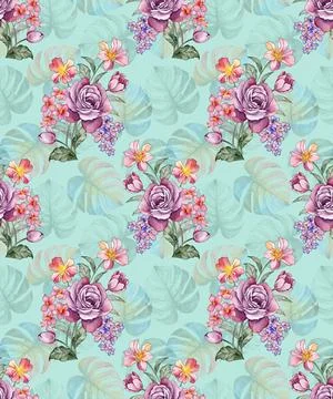 Seamless pattern of realistic rose flowers with tropical leaves. watercolor.. Stock Illustration