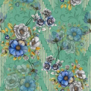 Seamless pattern of realistic rose flowers with tropical leaves. watercolor.. 스톡 일러스트