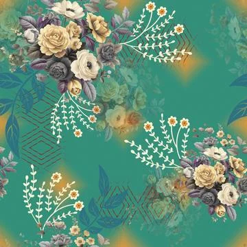 Seamless pattern of realistic rose flowers with tropical leaves. watercolor.. 스톡 일러스트