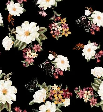 Seamless pattern of realistic rose flowers with tropical leaves. watercolor.. Stock Illustration