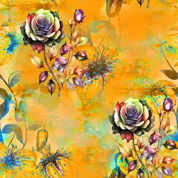 Seamless pattern of realistic rose flowers with tropical leaves. watercolor.. Stock Illustration