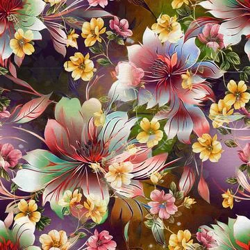 Seamless pattern of realistic rose flowers with tropical leaves. watercolor.. Stock Illustration