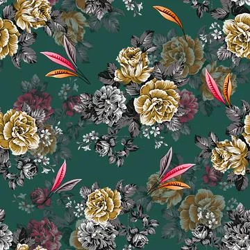 Seamless pattern of realistic rose flowers with tropical leaves. watercolor.. イラスト素材