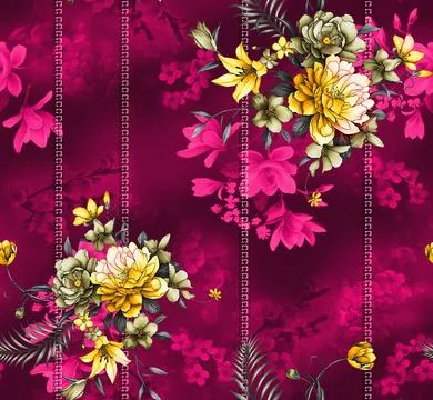 Seamless pattern of realistic rose flowers with tropical leaves. watercolor.. Stock Illustration