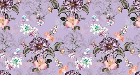 Seamless pattern of realistic rose flowers with tropical leaves. watercolor.. Ilustração Stock