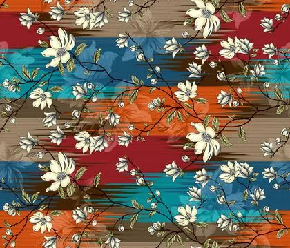 Seamless pattern of realistic rose flowers with tropical leaves. watercolor.. Stock Illustration